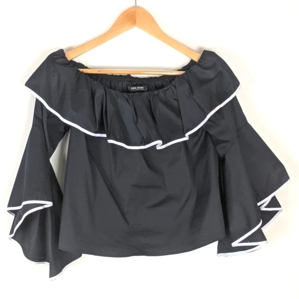 Zara Women's Off The Shoulder Poplin Ruffle Angel Sleeve Top S Black/White - Picture 1 of 6